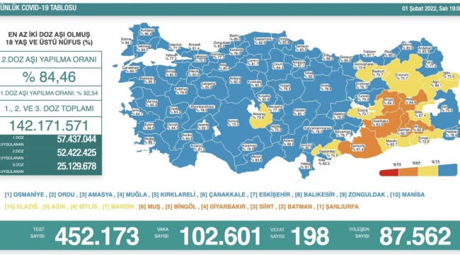 1 Şubat Türkiye'de koronavirüs tablosu 